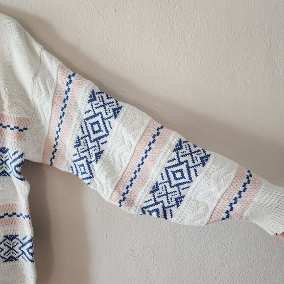 Vintage Aspetuck Trading Co Geometric Knit Sweater White Blue Pink Men's L USA - Picture 4 of 6